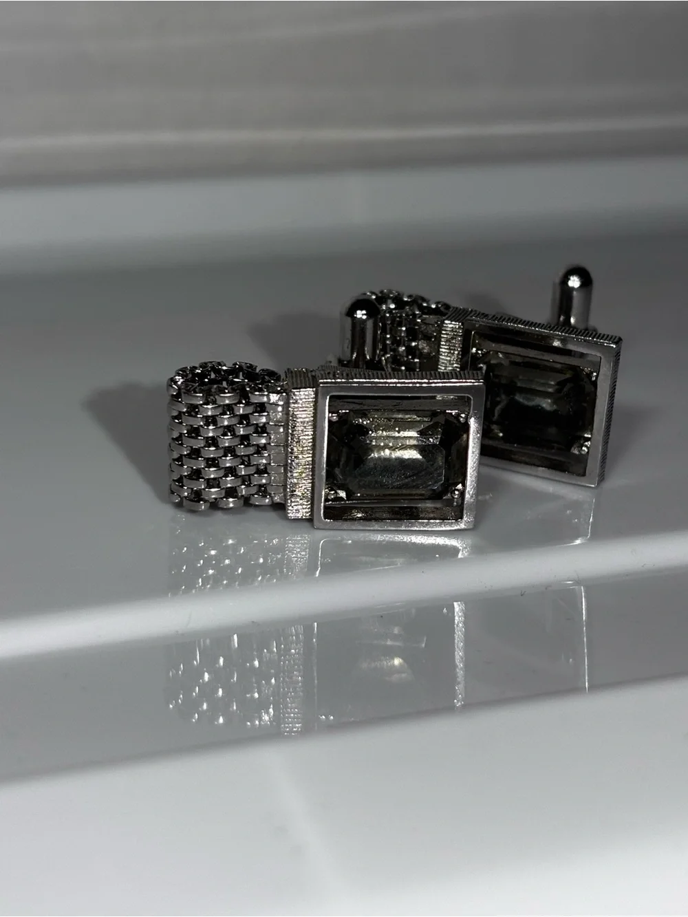 Vintage Swank mesh wrap cufflinks smoky quartz silver tone Retro Mid Century 70s